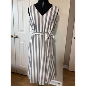 ECI New York Grey White Striped Sleeveless V-Neck Midi Tie Waist Dress Preppy 10